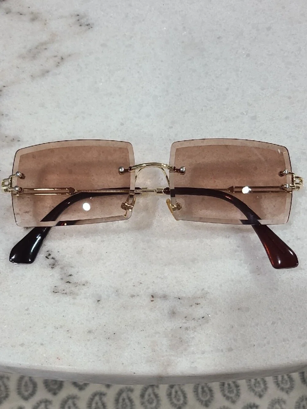 Rimless Heart & Rectangle Sunglasses Set — Pink & Brown